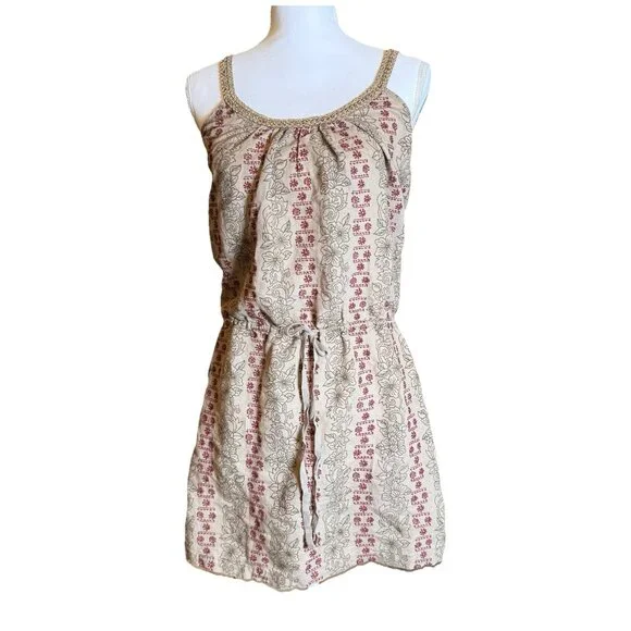 Lucky Brand Embroidered Linen Mini Dress Earthy Boho Floral Cottage Small - Picture 2 of 7
